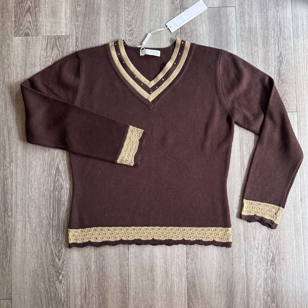 New Womens Brown Beige Wool Blend Knit V-Neck Long-Sleeve Sweater Embodied